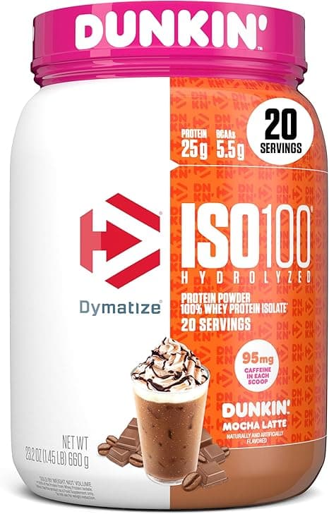 Dymatize x Dunkin' Mocha Latte ISO100 Whey Protein Powder, 95mg Caffeine, 25g of Protein, 20 Servings, 5.5g BCAAs, 120 Cal., Gluten Free, 1g Fat, 1g Sugar, 3g Carb on Amazon.ae - Price Tracker