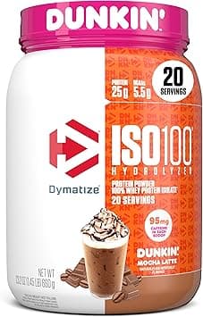 Dymatize x Dunkin' Mocha Latte ISO100 Whey Protein Powder, 95mg Caffeine, 25g of Protein, 20 Servings, 5.5g BCAAs, 120 Cal., Gluten Free, 1g Fat, 1g Sugar, 3g Carb - Amazon.ae Price Tracker