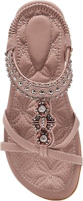 Alicegana Womens Sandals Shoes Comfort Walking with Non Slip on Casual Summer Beach Shoes Dress Ankle Elastic Jeweled Bohemian Flats على Amazon.ae - متتبع الأسعار