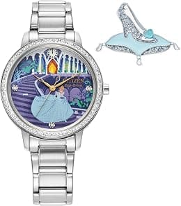 Citizen Women's Eco-Drive Disney Princess Cinderella Crystal Watch and Pin Gift Set in Silver Stainless Steel Watch, Blue Dial (Model: FE7041-51W), Silver - Best Deal Finder