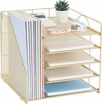 LEKETREE Desk Organizers with File Holder, 5-Tier Paper Organizer Letter Tray with Sliding Drawer and Extra Pen Holder, Mesh Desktop File Organizer for School Office Supplies (Gold) on Amazon.ae - Price Tracker