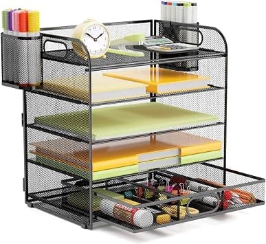 5Tray Desk Organizer with Drawer,Mesh Paper Letter Tray Organizer with Handleand 2Pen Holder,Desktop File Organizer and Storage Office Organization Metal Paper Tray for Letter/A4 Office File Folder على Amazon.ae - متتبع الأسعار