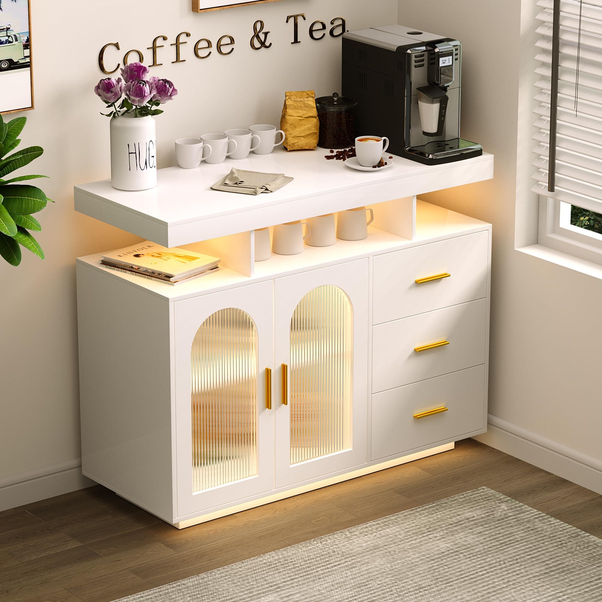 Dystler Sideboard Buffet Cabinet with Storage, 3 Drawers & 2 Doors, Auto-Sensor 20 Color Lights Console Table with Charging Station,Touch Control Console Coffee Bar Table for Kitchen, Dinning (White) on Amazon.ae - Price Tracker