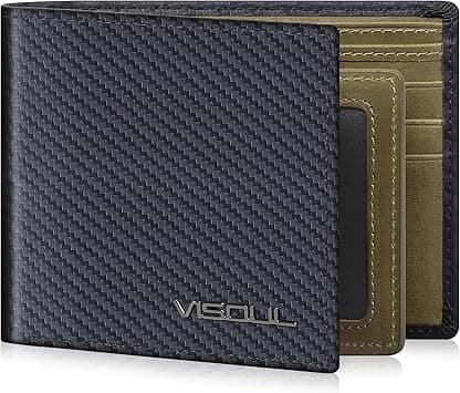 VISOUL Leather Mens Bifold RFID Blocking Wallet with 2 ID Windows, Leather Wallet for Men (Carbon Fiber, Black+Green) on Amazon.ae - Price Tracker