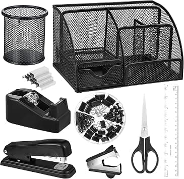Black Desk Organizer and Accessories, Black Desk Asccessories Office Supply Kit Include Mesh Desktop Organizer Stapler 1000 Staples Tape Dispenser Pen Holder Staple Remover Clips Ruler Scissors على Amazon.ae - متتبع الأسعار
