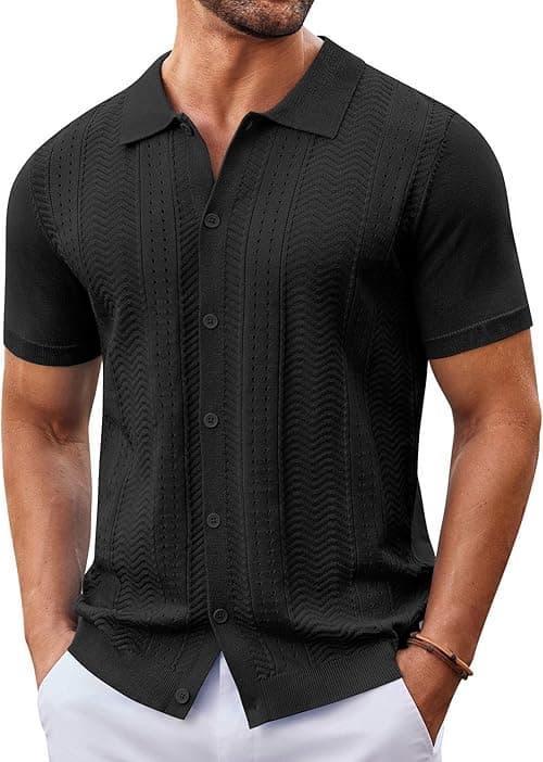 COOFANDY Mens Knit Button Down Shirt Short Sleeve Summer Casual Shirts Vintage Beach Vacation Shirts on Amazon.ae - Price Tracker