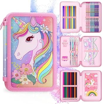 39 Pieces Unicorn Pencil Case for Girls, 2025 Year, 3 Compartments for Girls, School Stationery Set, Double Zipper, School Material (Rosa Peach Gift Back to School) on Amazon.ae - Price Tracker