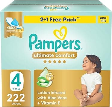 Pampers Ultimate Comfort Taped Diapers, Size 4, 9-14kg, Lotion infused with Aloe Vera and Vitamin E, x1000 Leak Locks Technology for Leakage Protection, Giga Box, 222 Count - Amazon.ae Price Tracker