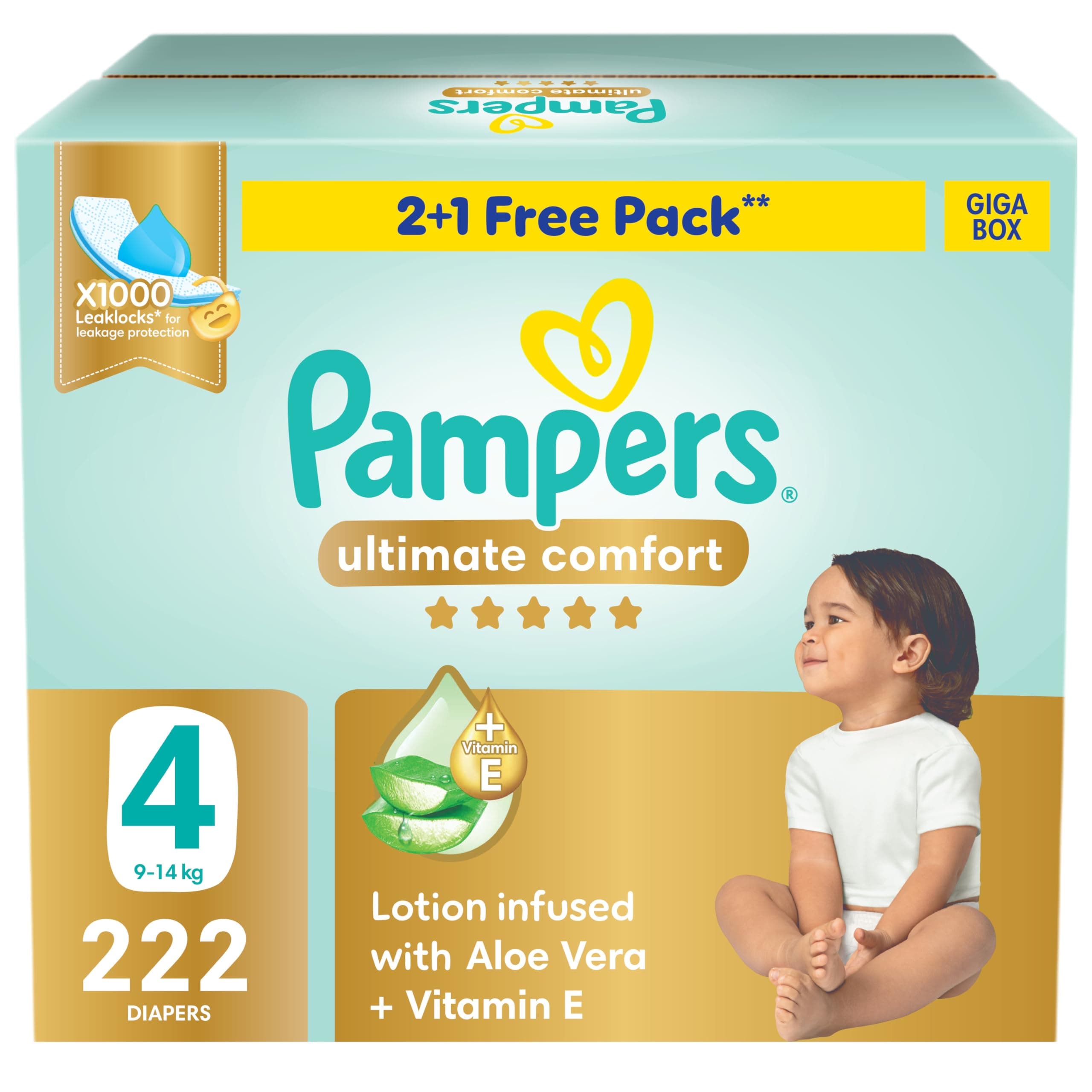 Pampers Ultimate Comfort Taped Diapers, Size 4, 9-14kg, Lotion infused with Aloe Vera and Vitamin E, x1000 Leak Locks Technology for Leakage Protection, Giga Box, 222 Count on Amazon.ae - Price Tracker