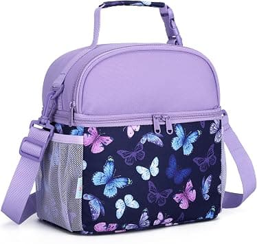 VASCHY Lunch Bag for Kids Girls, Insulated Double Compartments Cooler Lunch Box Tote Bag with Adjustable Shoulder Strap for Toddlers Boys School/Daycare/Picnic Purple Butterfly - Best Deal Finder