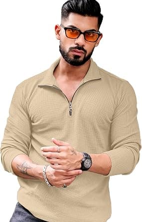 KAJARU Men's Polyester Blend T Shirt with Spread Collar Neck Line Zipper Closure Full Sleeves Solid Pattern Regular Fit and Standard Length on Amazon - Best Deal Finder