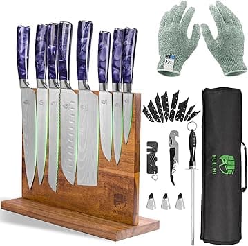 FULLHI 15pcs Japanese Knife Set with Magnetic Knife Block Holder, Japan Stainless Steel Blades, Purple Resin Ergonomic Handles for Professional and Home Cooking on Amazon.ae - Price Tracker