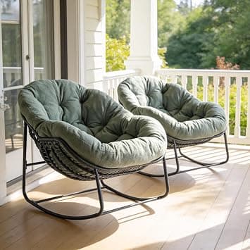 2PCS Patio Rocking Chair with Padded Cushion Indoor Outdoor Comfy Papasan Rocker Chair with Upgraded Steel Frame Oversized Rattan Egg-Shaped Lounge Chair for Front Porch, Garden, Bedroom,Green على Amazon.ae - متتبع الأسعار