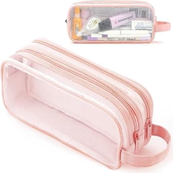 Large Grid Mesh Pencil Case 2 Compartments, Clear Pen Pencil Pouch with Zipper, Multifunction Transparent Stationery Bag for Student College Office Teen Boys Girls Makeup Bag for Adults Travel (Pink) - Best Deal Finder