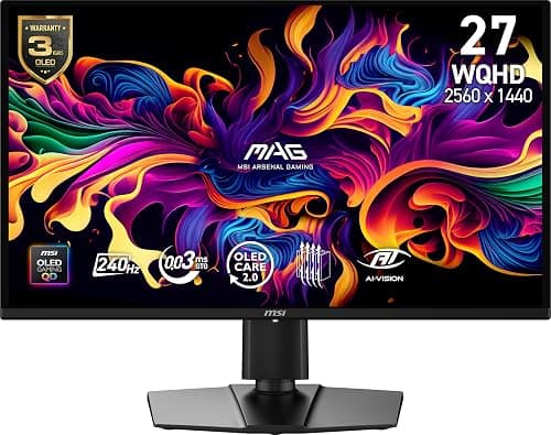 msi MAG 274QP QD-OLED X24 27 Inch 2560 x 1440 (QHD) Gaming Monitor, 240Hz, Adaptive Sync, HDMI, DisplayPort, VESA Mount, Tilt, Height Adjustable, Speaker, 0.03ms, Black على Amazon.ae - متتبع الأسعار