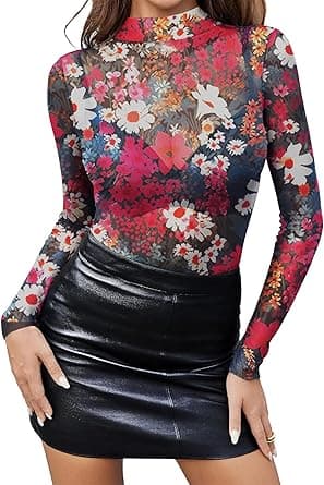 SEBOWEL Mesh Top Women's Sexy Sheer Mesh Floral Pattern Long Sleeve Shirt Transparent Tops Blouse Party Outfits on Amazon.ae - Price Tracker