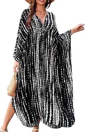 Yanziliu Kaftan Dresses for Women V-Neck Batwing Sleeves Swimsuit Beach Cover Ups Tie Dye Caftan Hawaiian Dress - متتبع أسعار Amazon.sa