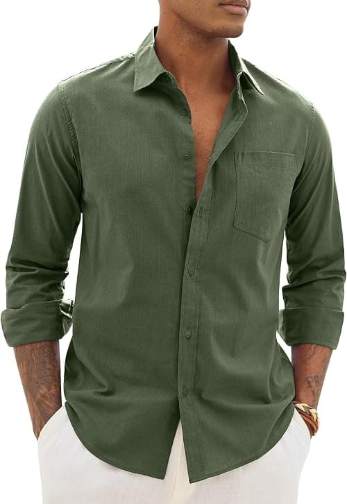 Alimens & Gentle Linen Shirts for Men Long Sleeve Casual Cotton Button Down Shirts Summer Beach Wedding Tops with Pocket على Amazon.ae - متتبع الأسعار