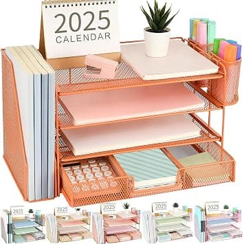 gianotter Paper Letter Tray Organizer with File Holder, 4-Tier Desk Accessories & Workspace Desk Organizers with Drawer and 2 Pen Holder for Office Supplies (Orange) على Amazon.ae - متتبع الأسعار
