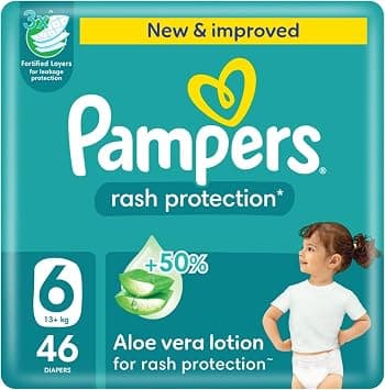 Pampers Rash Protection, Size 6, 13+ kg, Giant Pack, 46 Diapers | +50% Aloe Vera Lotion soothes skin, Protects against diaper rash, 3x Fortified Layers and longer core for Leakage Protection - متتبع أسعار Amazon.sa