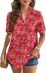 Zeagoo Women Linen Button Down Shirt Rolled Cuffed Short Sleeve Blouse Ladies Summer Casual V Neck Beach Cotton Tops - Best Deal Finder