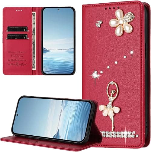 Wallet Case for Motorola Moto G67 5G / G77 5G,Glitter Pearl Flower Ballerina Flip Case Card Slots Stand RFID Blocking PU Leather Magnetic Protective Folio Phone Cover-Red on Amazon.ae - Price Tracker