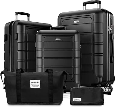 SHOWKOO Luggage Set 5 Piece Hardshell PC+ABS Expandable Suitcase, Black على Amazon.ae - متتبع الأسعار
