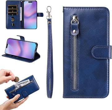 YANJIEER Wallet Phone Case for Motorola Moto G67 5G / Moto G77 5G, PU Leather Zipper Flip Cover with Card Holder Cash Pocket Wrist Strap, Magnetic Closure, Kickstand, Shockproof Protective Blue on Amazon.ae - Price Tracker