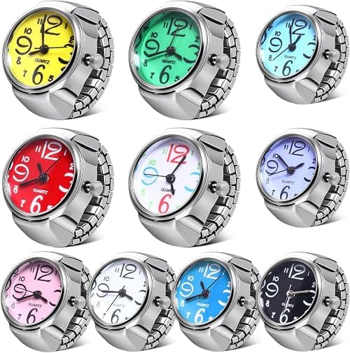 Men Women Finger Watches Set, 10 Pcs Adjustable Ring Watch, Creative Round Quartz Finger Ring Watches with Elastic Band for Christams Birthday Valentine’s Day على Amazon.ae - متتبع الأسعار