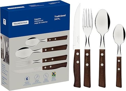 Tramontina Cutlery Set with Steak Knives, 24 Piece Sharp Knife, Forks, Teaspoons, Tablespoons with Wooden Handles, ‎Camping, Kitchen, Rustic, 22299050 - Amazon.ae Price Tracker