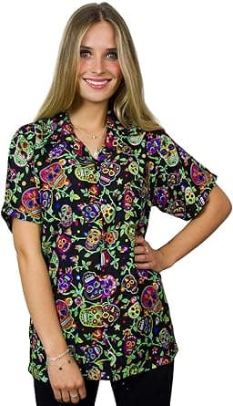V.H.O. Funky Hawaiian Blouse Hawaiian Shirt Women's Short Sleeve Front Pocket Hawaiian Print Parrot Beach Palm Trees on Amazon.ae - Price Tracker