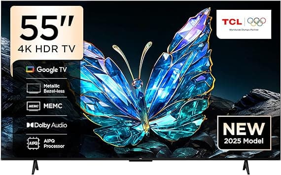 TCL 55V6C Television 55 Inch Smart TV 4K UHD HDR 10+ Gaming Google TV, Dynamic Color Enhancement, Dolby Vision Atmos, DTS Virtual X, MEMC, Voice Control, Game Master with Slim Design (2025 Model) on Amazon.ae - Price Tracker