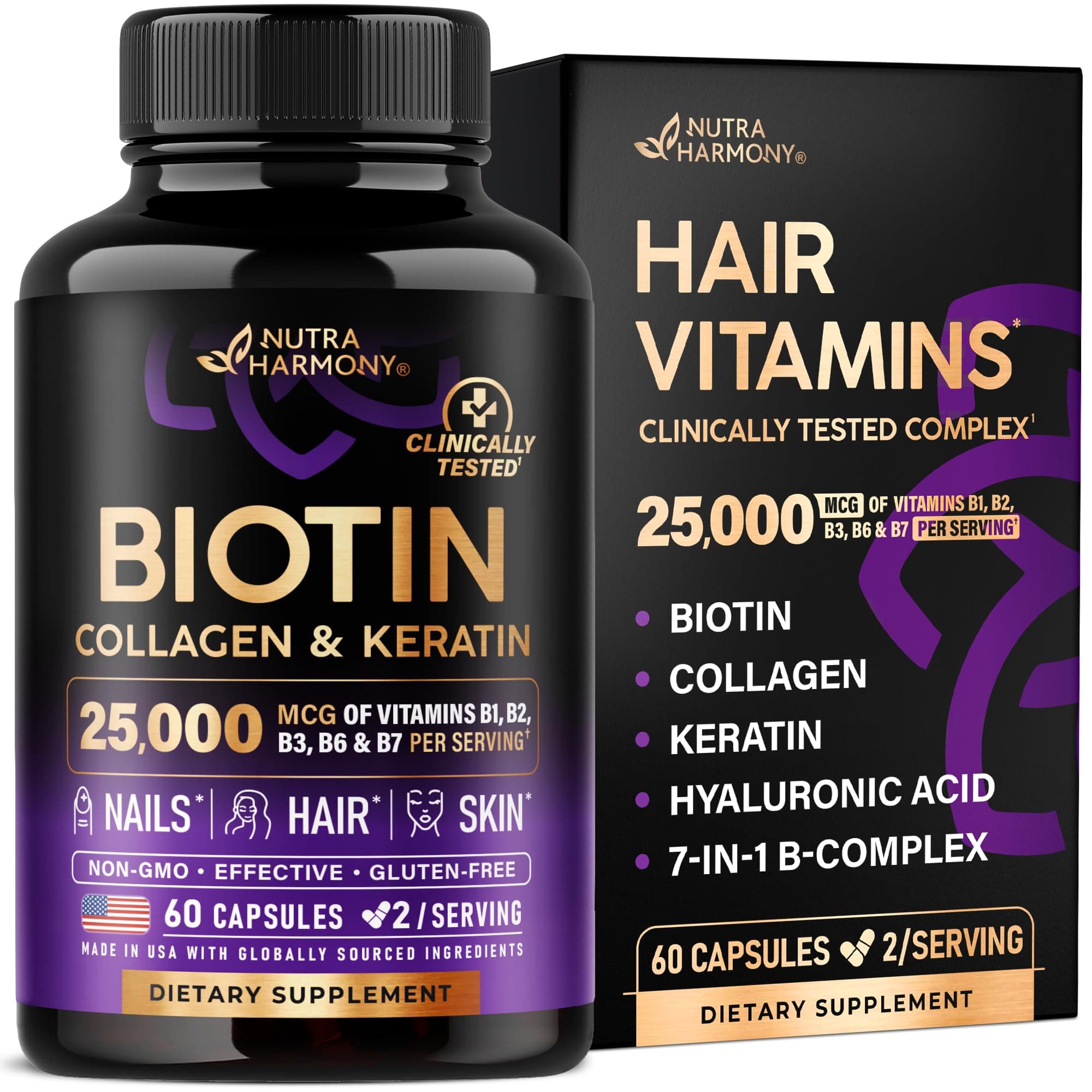 Biotin | Collagen | Keratin | Hyaluronic Acid - Hair Growth Support Supplement | Skin & Nails Beauty Complex 25000 mcg - B1 | B2 | B3 | B6 | B7 - Made in USA - For Women & Men | 60 Capsules on Amazon.ae - Price Tracker