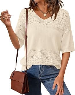 PRETTYGARDEN Women's Short Sleeve Sweater Tops 2026 Spring Summer Casual V Neck Ribbed Knit Trendy Eyelet Blouse T Shirts - Best Deal Finder