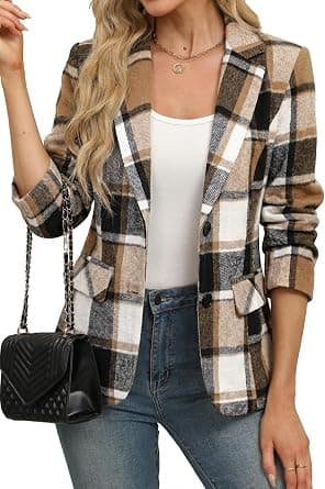 ELLEVEN Women's Lapel Collar Plaid 2 Button Boyfriend Blazer Suit Houndstooth Work Office Blazer Jacket - Best Deal Finder