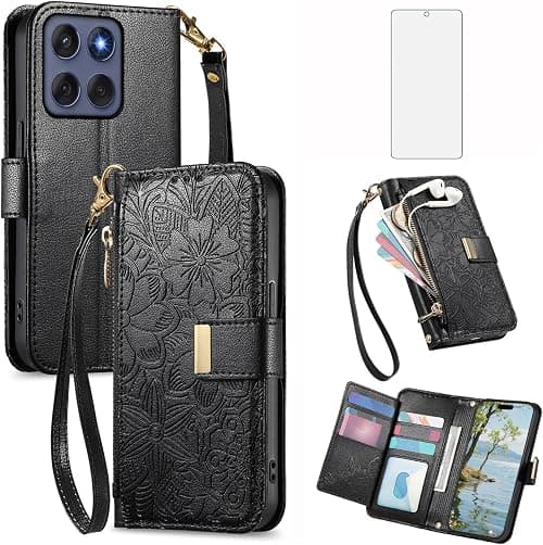 Asuwish Phone Case for Motorola Moto G67 5G Wallet Cover with Tempered Glass Screen Protector and Card Holder Slot Zipper Wrist Strap Stand Protective Cell MotoG67 G 67 G77 77 G5 Women Men Black على Amazon.ae - متتبع الأسعار
