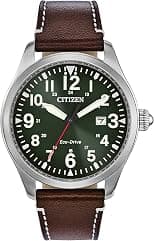 Citizen Men's Sport Casual Garrison 3-Hand Date Eco-Drive Leather Strap Watch, Arabic Markers, Stainless Steel, Field Watch - Best Deal Finder