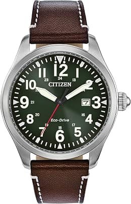 Citizen Men's Sport Casual Garrison 3-Hand Date Eco-Drive Leather Strap Watch, Arabic Markers, Stainless Steel, Field Watch - Best Deal Finder
