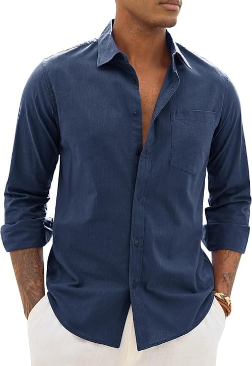 Alimens & Gentle Linen Shirts for Men Long Sleeve Casual Cotton Button Down Shirts Summer Beach Wedding Tops with Pocket on Amazon.ae - Price Tracker