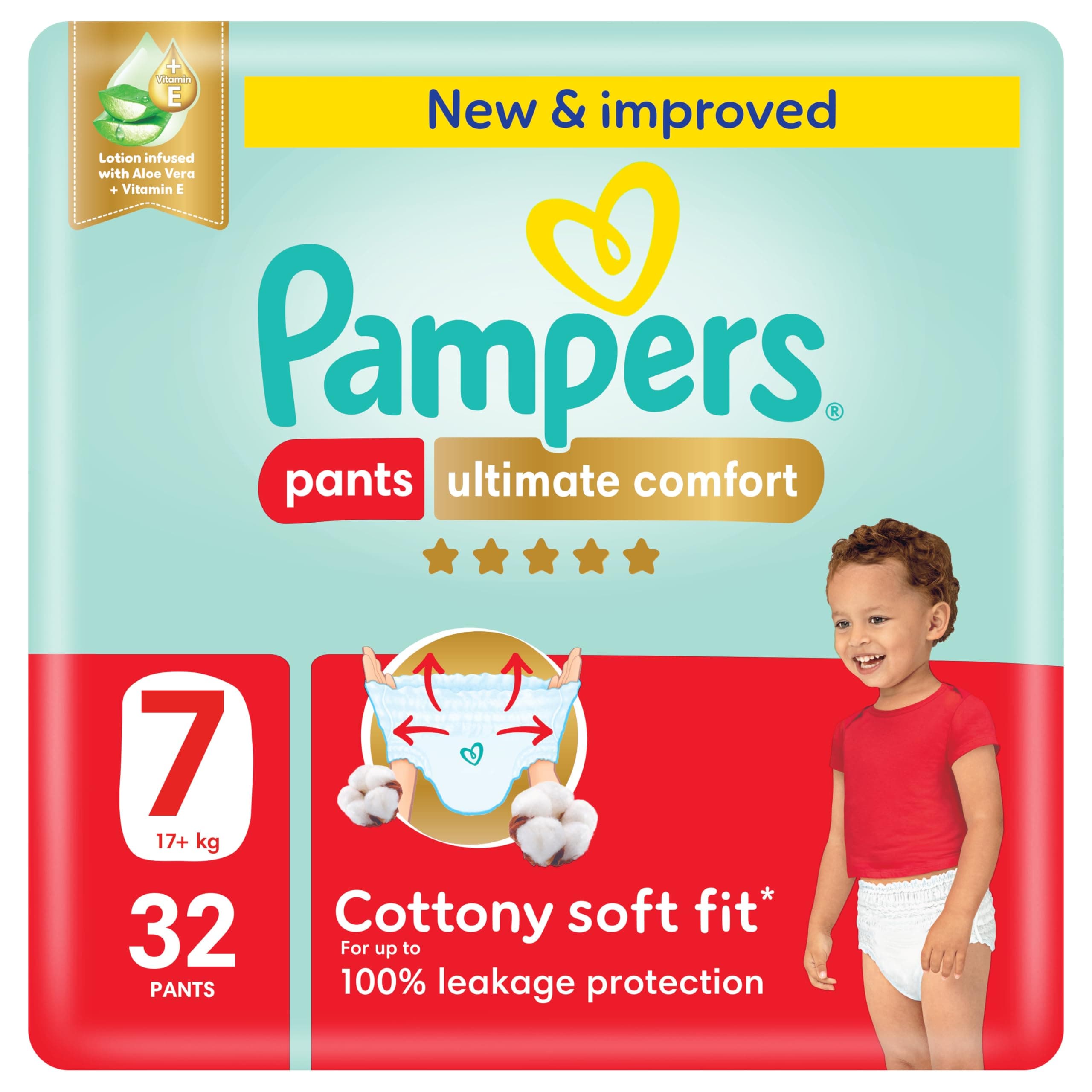 Pampers Ultimate Comfort Pants Diapers, Size 7, 17+kg, Lotion infused with Aloe Vera and Vitamin E, Cottony Soft Fit for up to 100% Leakage Protection, Super Saving Pack, 32 Count on Amazon.ae - Price Tracker