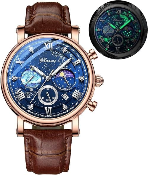 Men's Watches Brown Leather, Casual Watches for Men, Sport Waterproof Business Dress Waterproof Luminous Chronograph Starry Sky Moon Phase Leather Wristwatch for Mens Watch Gift على Amazon.ae - متتبع الأسعار