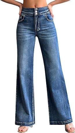 roswear Women's Wide Leg Jeans Casual High Waisted Stretch Baggy Loose Denim Pants - Best Deal Finder