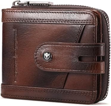 BULLCAPTAIN Genuine Leather Men's Wallet with Zipper Vintage RFID Blocking Large Capacity Wallet for Men with 14 Credit Card Slots and 1 ID Window T23 (Coffee) - Best Deal Finder