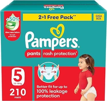 Pampers Rash Protection Pants Diapers, Size 5, 12-18kg, +50% Aloe Vera Lotion, 360° Leak-Free Fit for up to 100% Leakage Protection, Giga Box, 210 Count on Amazon.ae - Price Tracker