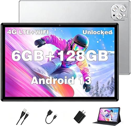 Tablet Android Tablets 10 Inch, Octa-Core Android 13 Unlocked with SIM Card Slot, 128GB ROM+6GB RAM, 5MP+13MP Camera/5G WIFI GPS/BT/6000mAh/1280*800 IPS Screen/Cellular Tablet with Case(Silver) on Amazon.ae - Price Tracker