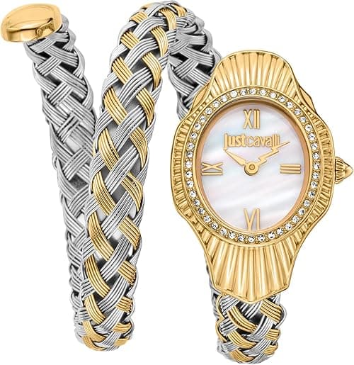 JUST CAVALLI Women Watch, Gold Color Case, White MOP Dial, Two Tone Silver & Gold Color Metal Bracelet, 2 Hands, 3 ATM on Amazon.ae - Price Tracker