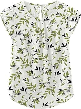 TASAMO Women's Casual Round Neck Basic Pleated Top Cap Sleeve Curved Keyhole Back Chiffon Blouse - Best Deal Finder