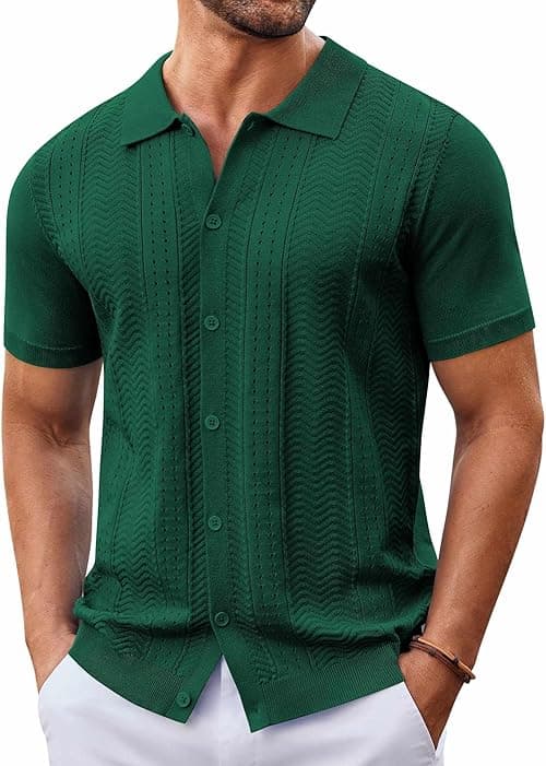 COOFANDY Mens Knit Button Down Shirt Short Sleeve Summer Casual Shirts Vintage Beach Vacation Shirts on Amazon.ae - Price Tracker
