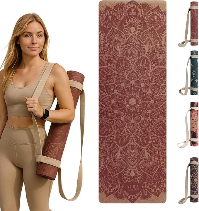 AURA Wellness - Yoga Mat Cork Eco Friendly, Strap Included, 4mm Thick, Non Slip Exercise Pilates Gym Fitness Mats Natural Sport Workout Equipment for Home Hot Yoga Meditation Training Foldable on Amazon.ae - Price Tracker