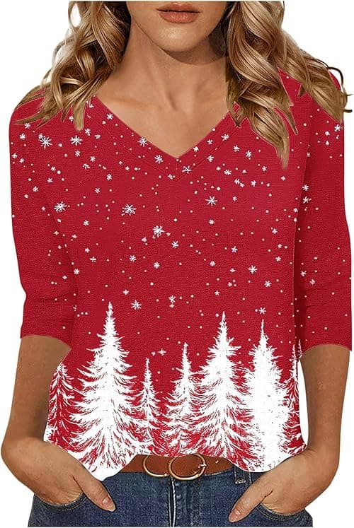 Christmas T Shirts Women Plus Size V Neck Jumpers, 3/4 Sleeve Tops Christmas Tree Jumpers, Funny Xmas Tshirt Oversized Blouses, Ugly Xmas Shirt Tunic Tops Loose Blouses Pullover on Amazon.ae - Price Tracker